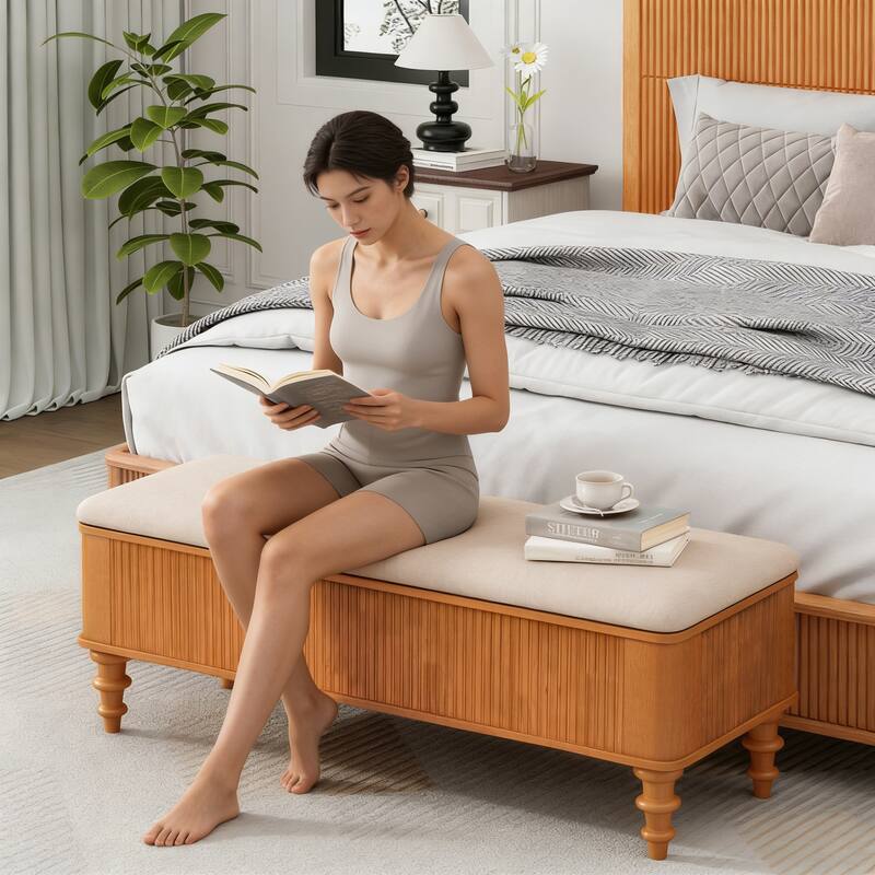 GDFStudio Vaelorian Solid Rubberwood Storage Ottoman Bench with Linen Seat