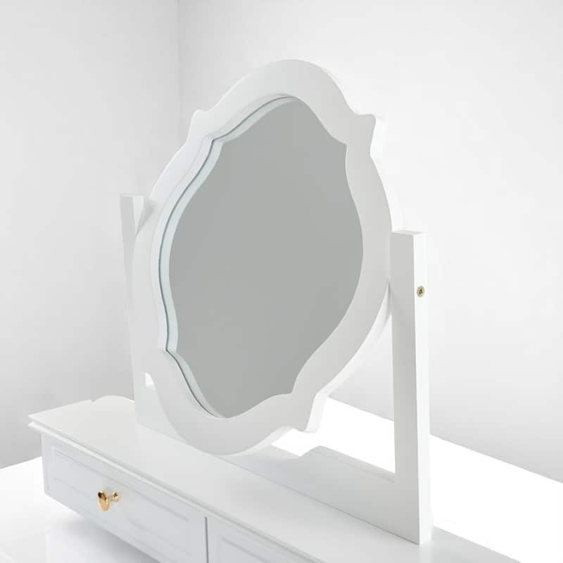 White Makeup Vanity Set with Four-Leaf Reversible Mirror, Drawers & Padded Stool, Space-Saving Dressing Table