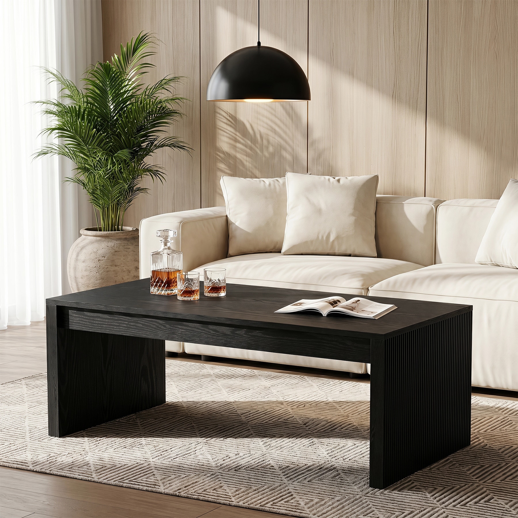 47.2" Rectangular Coffee Table with Fluted Base, Modern Low Cocktail Tea Table for Living Room - 23.6"D x 47.2"W x 17.7"H