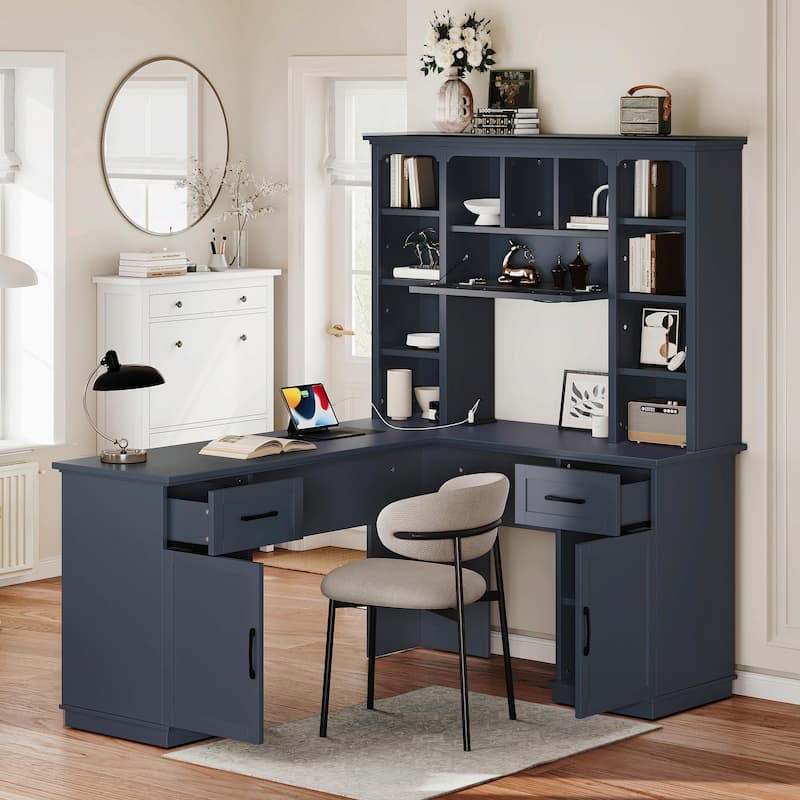 L-Shaped Computer Desk with 2 Cabinets, 2 Drawers, 11 Open Shelves and a Flip-Up Shelf with Storage on the Right Side