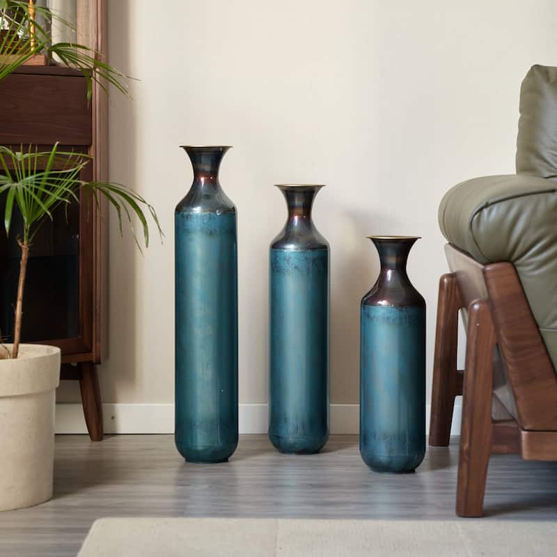 3-piece Floor Metal Vase Modern Large Glazed Metal Vase - 3-piece - Aqua Blue