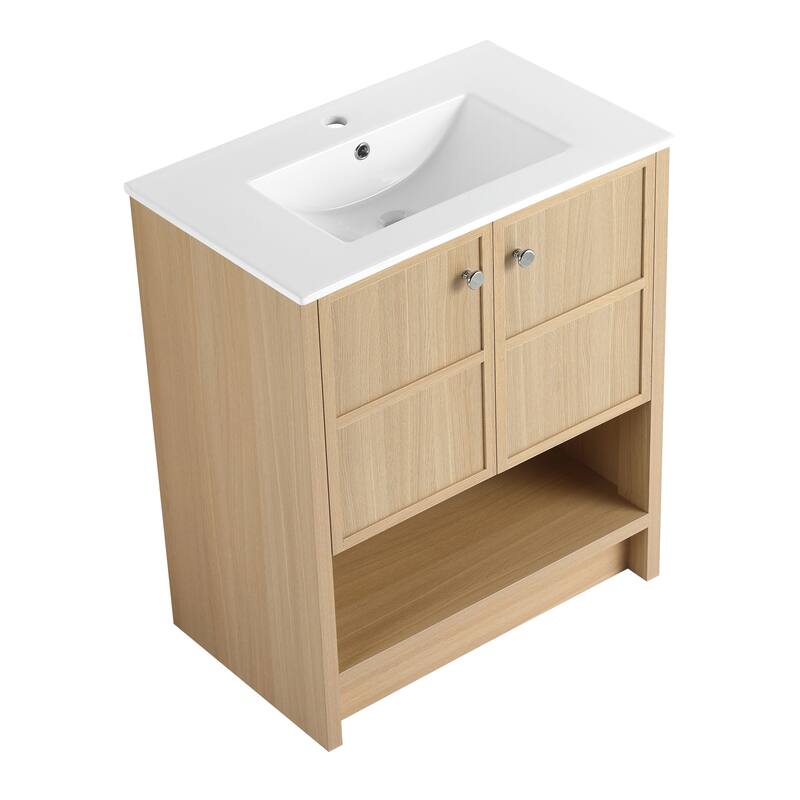 GDFStudio - Bergen Modern Minimalist Freestanding Bathroom Vanity Cabinet with Ceramic Sink, Soft Close Doors& Open Shelf - 30"