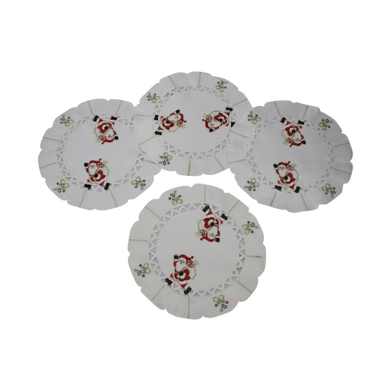 Violet Linen Santa Claus Holly Bows Embroidery Pattern, Polyester Cutwork, Set of 4, Decorative Place Mats - 18" Round - White