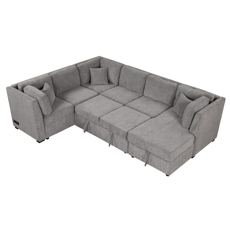 108.6" Fabric U-Shaped 6-Seater Sectional Sofa with Pull-Out Bed, Storage Chaise, USB Ports, and Convenient Power Outlets