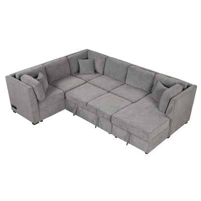 108.6" U-shaped Sectional Sofa Pull out Sofa Bed with Two USB Ports, Two Power Sockets, Three Pillows and a Storage Chaise