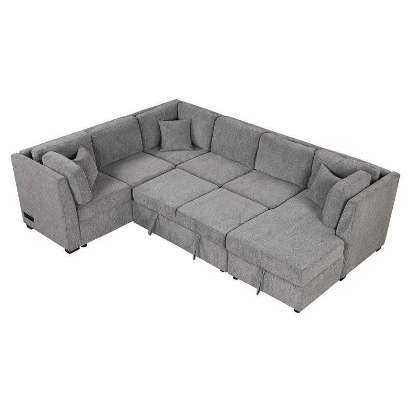 U-shaped Sectional Sofa Pull out Sofa Bed with Two USB Ports, Two Power Sockets, Three Back Pillows and a Storage Chaise