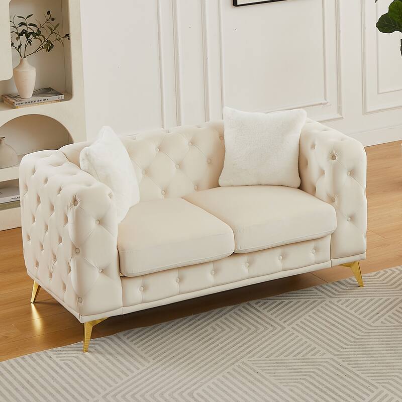 Velvet Chesterfield Loveseat Sofa, Tufted Button Upholstered 2 Seater Sofa, Lounge Sofa Chair with 2 Pillows & Metal Legs