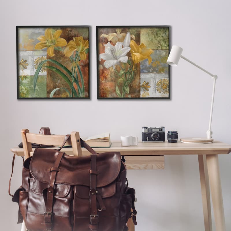 Stupell Lilies & Vintage Tile Patterns Framed Giclee Art Design By Sasha (Set of 2)