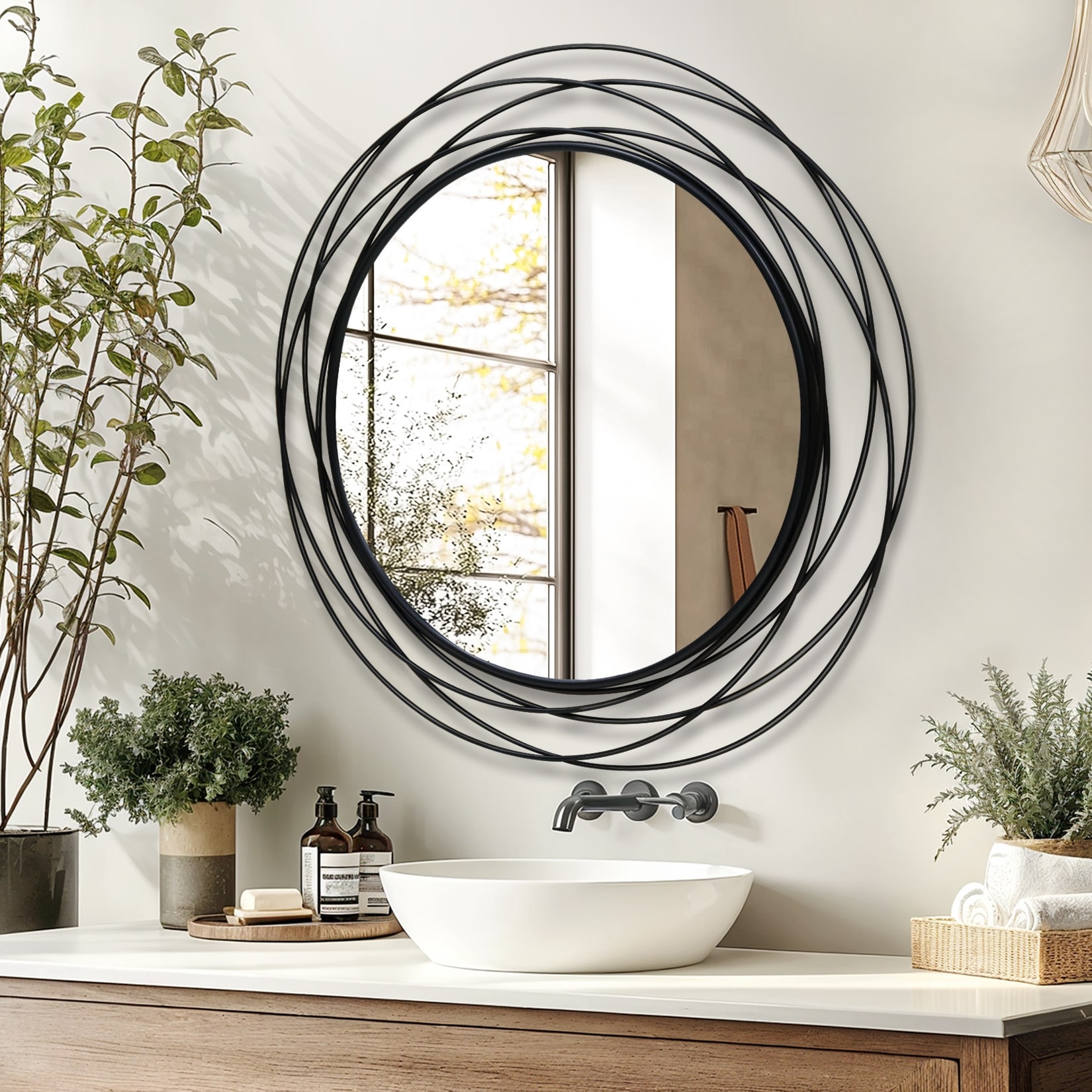 Artistic Wall Mirror Round Circular Metal Wire Frame Black Wall Hanging Decor Accent Mirror