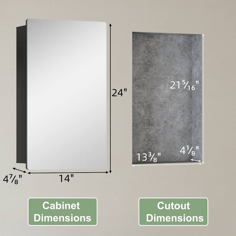 Mira Rectangular Frameless Medicine Cabinet with Mirror, Sliding Adjustable Glass Shelves, Reversible Door