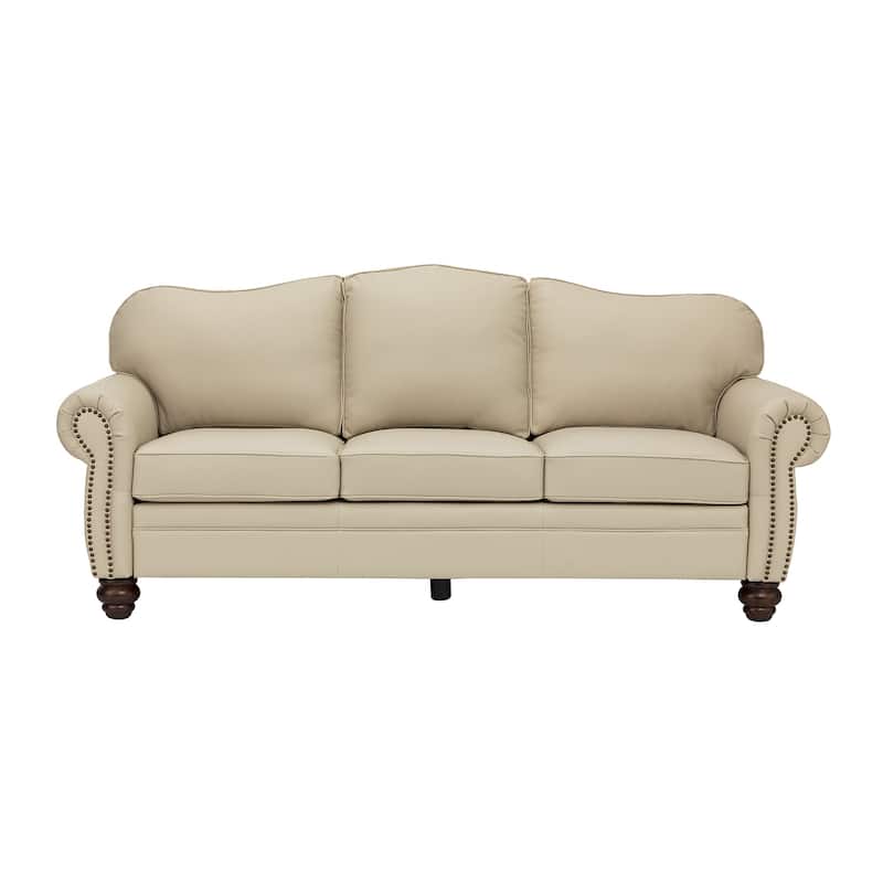 Balvino 81" Wide Transitional Genuine Leather Rolled Arm Nailhead Trim Sofa with Solid Wood Legs and Removable Cushions