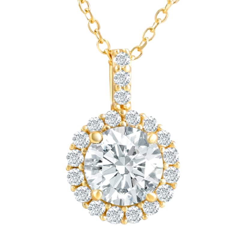 1 1/4Ct Halo Diamond Moissanite Pendant Necklace 18" Yellow Gold (1/3" tall)