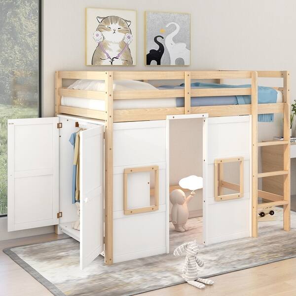 slide 2 of 12, Twin Kids Loft Bed, Wood House Loft Bed w/Storage Wardrobe&2 Windows, Playhouse Loft Bed Frame with Underbed Space,Natural+White Natural+White - Twin