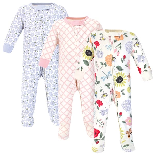 slide 1 of 1, Touched by Nature Baby Girl Organic Cotton Zipper Sleep and Play 3pk, Flutter Garden 0-3 Months - Flutter Garden