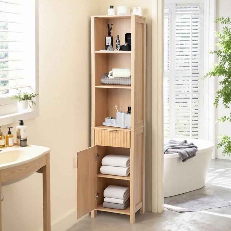 Oak Freestanding Cabinet With Drawer With Door Bookcase