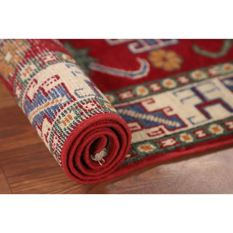 Geometric Red Kazak Accent Rug Hand-Knotted Foyer Wool Carpet - 2'9" x 4'1"