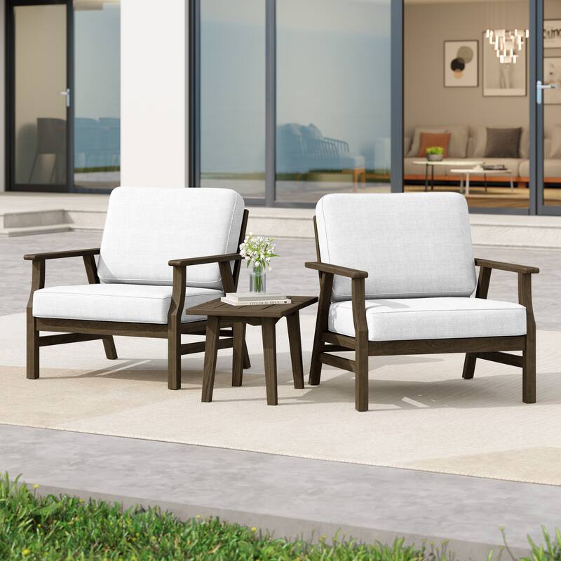 3 Piece Wood Patio Armchair Outdoor Bistro Set with Side Table