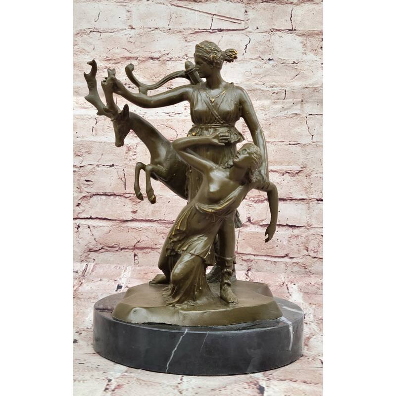 Bronze Diana Huntress And Deer Statue Clical Mythical Sculpture Decor