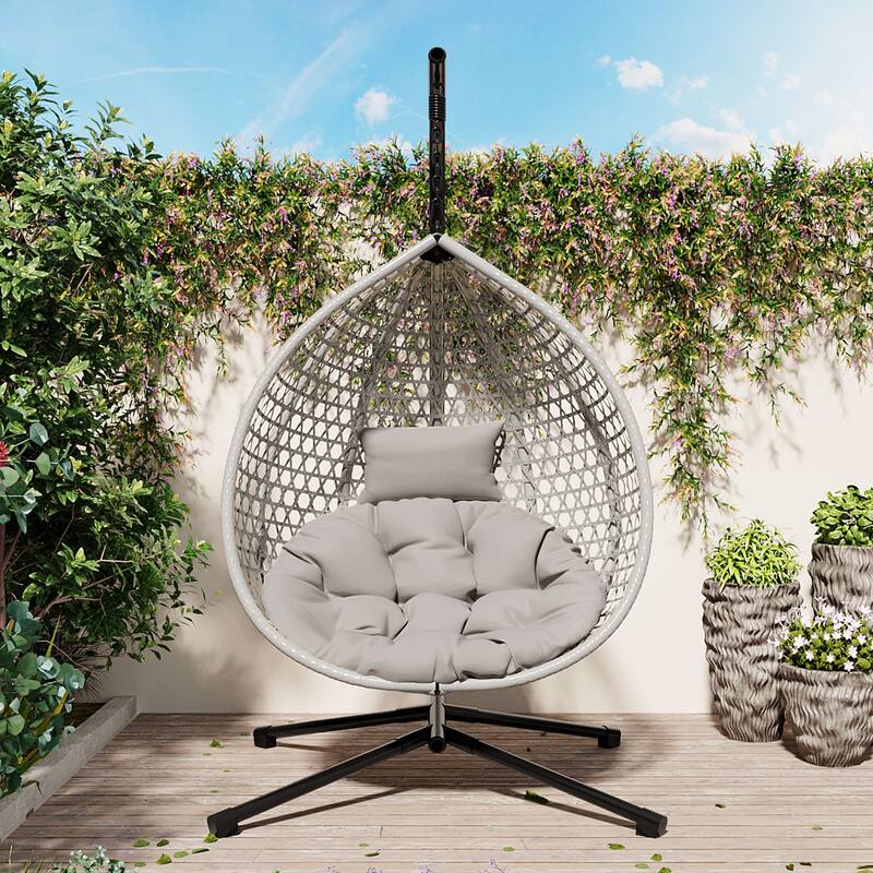 Hollowed-Out Hanging Chair with Adjustable Headrest, Weather-Resistant Rattan Swing Chair with Iron Base - Gray+Gray