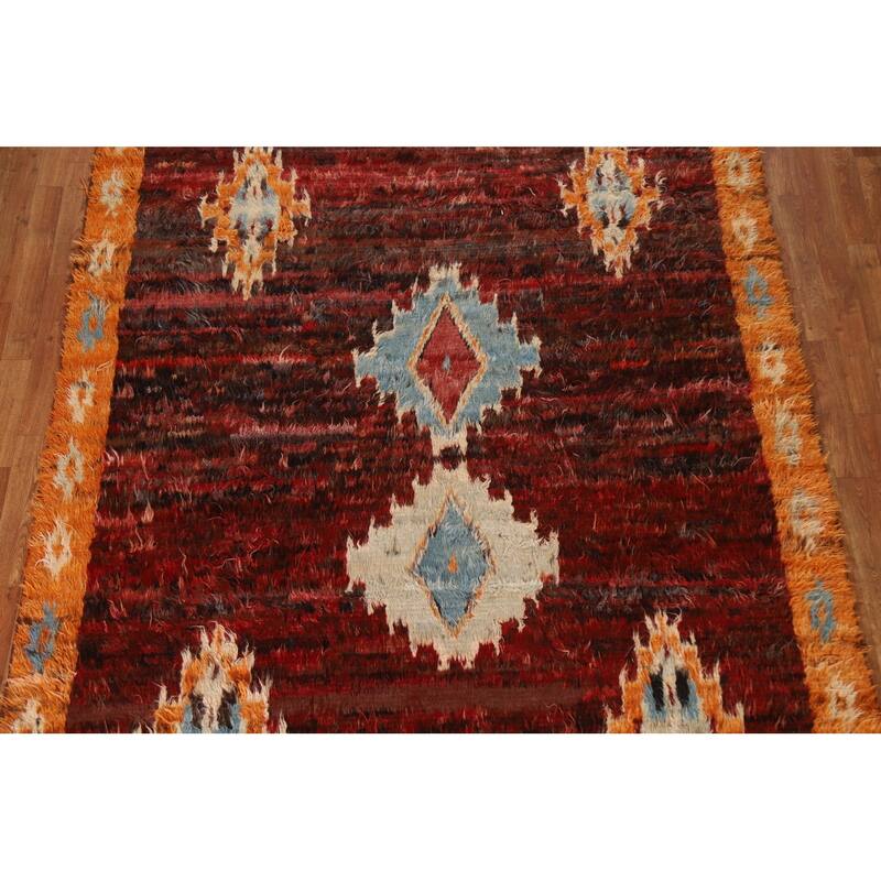 Hand Knotted Oriental 100% Wool Carpet Modern Tribal Red Moroccan Area Rug - 9' 9'' X 6' 8''