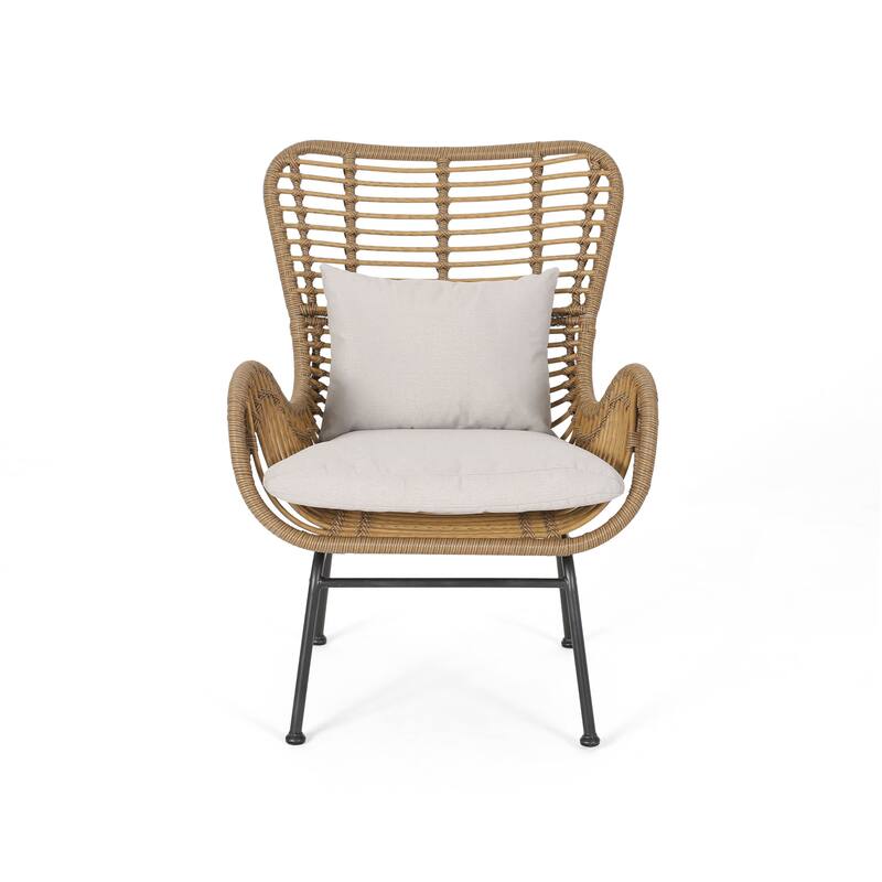 Margo Outdoor Accent Chair, Brown Woven Rattan, Beige, Black Metal