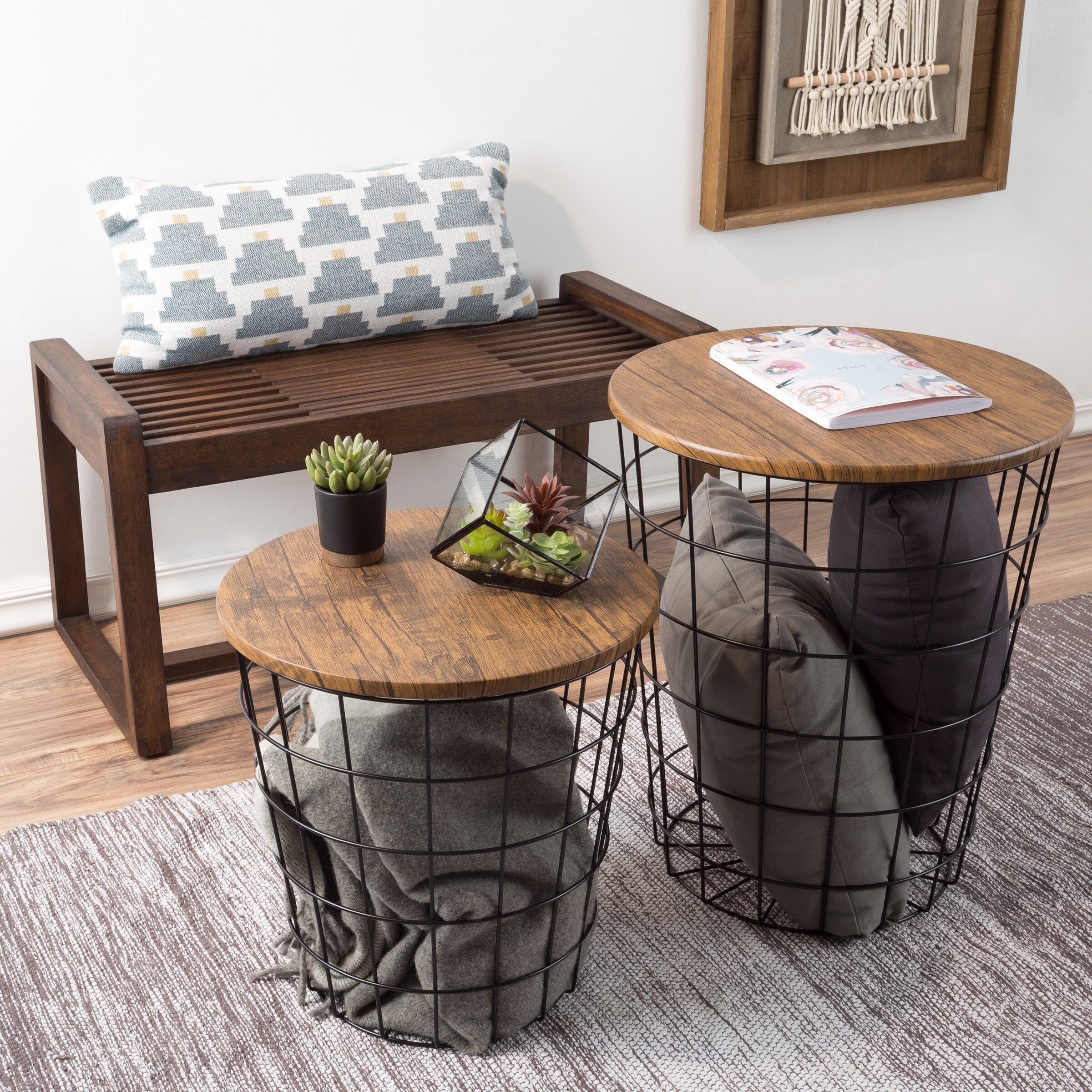 Lavish Home, Brown, End Storage-Nesting Wire Basket Base and Wood Tops –  Industrial Farmhouse Style Side Table, Set of 2, (L) 13” x (W) 17” x (H)  20.5
