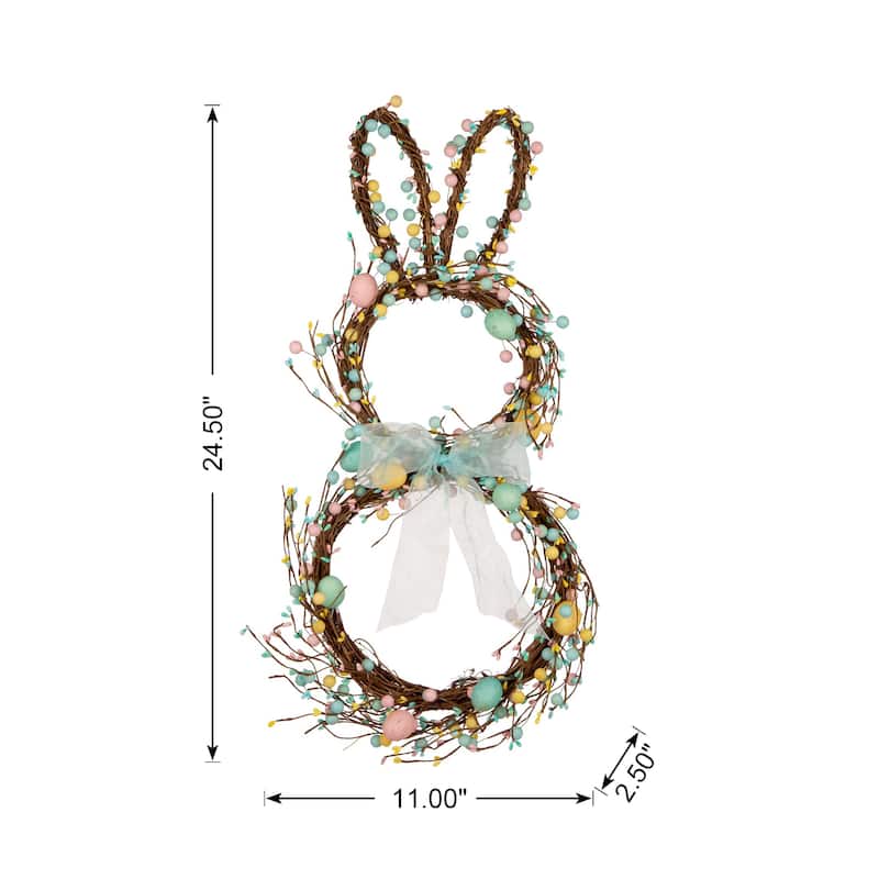 Glitzhome Easter Bunny Shaped Wreath with Eggs Satin Ribbon Bow Basket