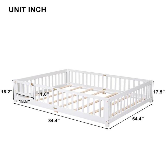 Twin/Full/Queen size Floor Platform Bed with Fence and Door for Kids, Toddlers