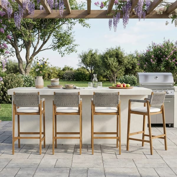 slide 2 of 15, Christopher Knight Home - Malibu Outdoor Bar Stool Set Acacia Wood with Rope Back and Water-Resistant Cushions 4-Piece - Grey
