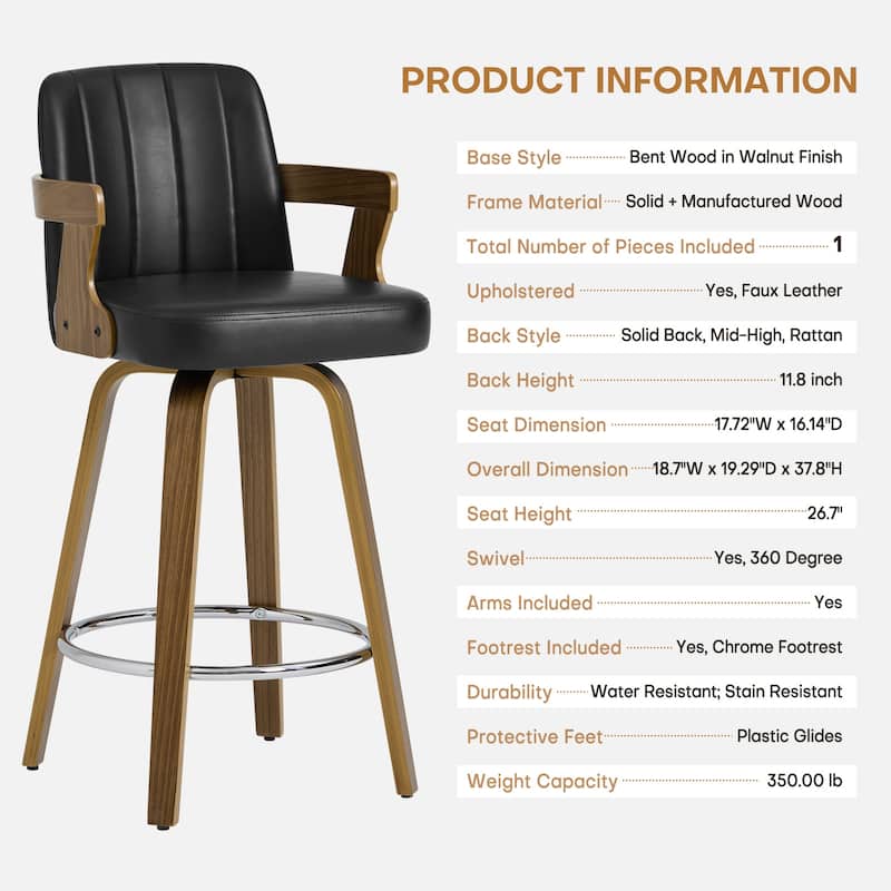 Upholstered Wood Swivel Counter Height Barstool with Arms - 37.8"H x 18.7"W x 19.29"D