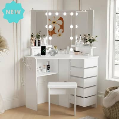 Makeup Vanity with Lights, Power Outlets, Tri-Fold Mirror, 5 Rotating Drawers, Stool