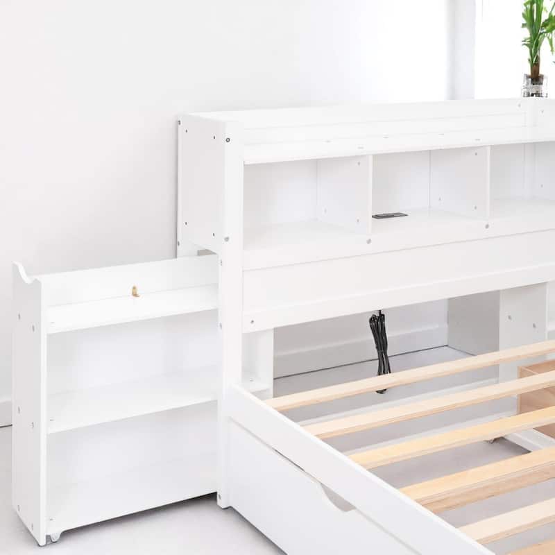 Full Storage Bed with Trundle, Headboard Shelves, USB Charging Port & 2 Drawers, Pine Wood Frame