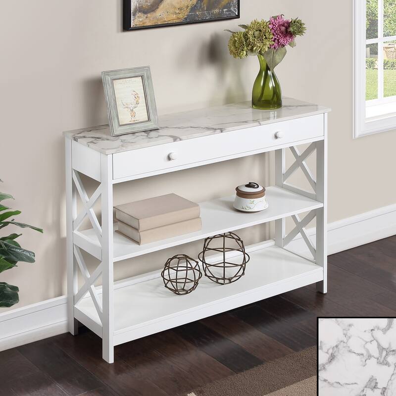 Convenience Concepts Oxford 1 Drawer Console Table with Shelves - White Faux Marble/White