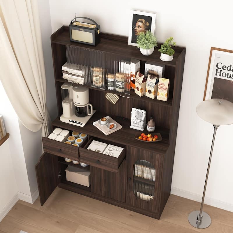 71" Tall Kitchen Pantry Cabinet with Reeded Glass Doors, Microwave Stand and Storage Shelves, Freestanding Bakers Rack Sideboard