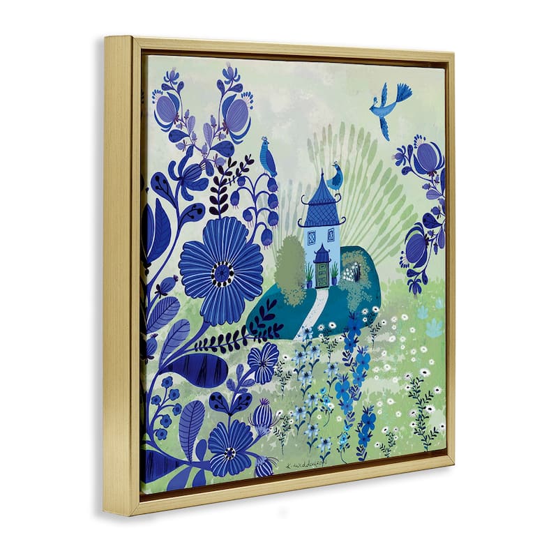 Stupell Whimsical Blue Garden Framed Floater Canvas Wall Art Design By Kay Widdowson