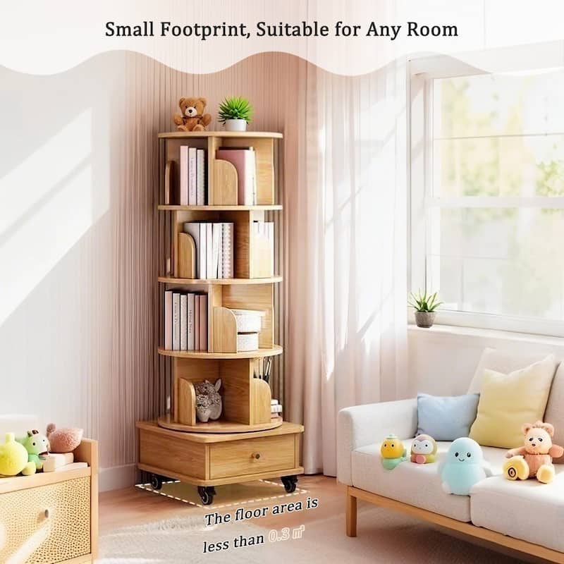 Anmytek 360 Rotating Corner Bookshelf with Wheels Space Saving Storage for Small Rooms