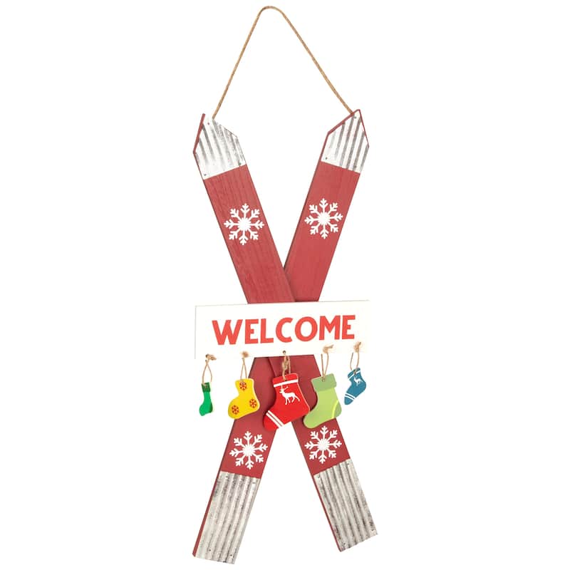 Wooden Welcome Skis with Christmas Stockings Hanging Decoration - 23.5"