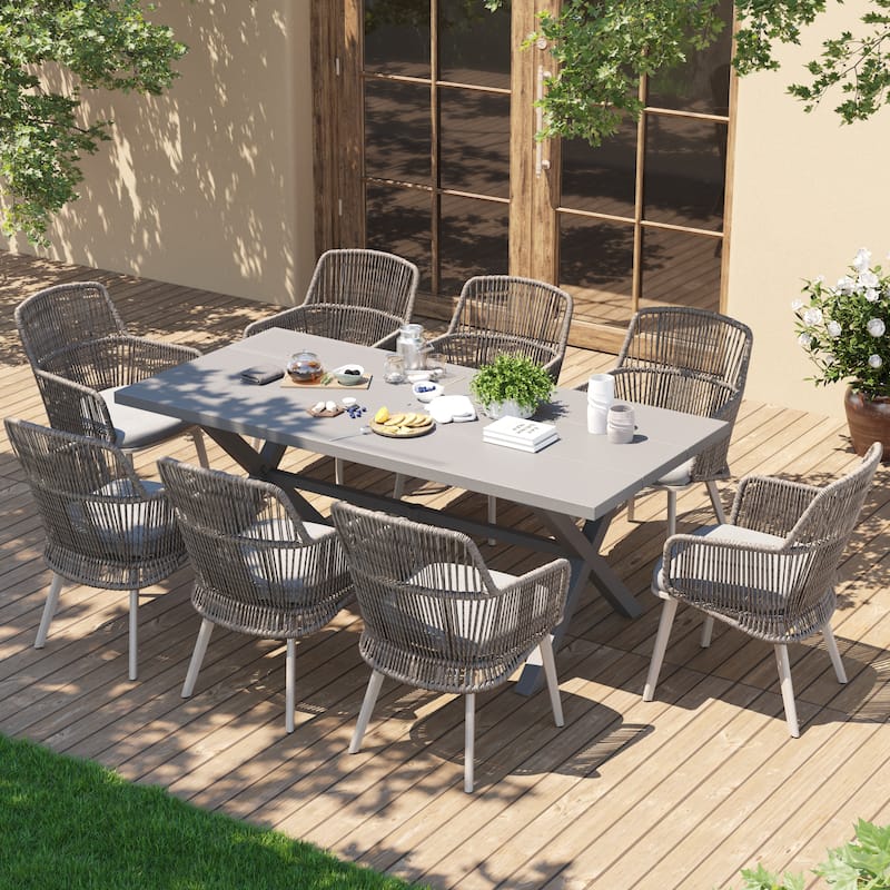 Outdoor Patio Dining Sets with PE Wicker Chairs and X-leg Aluminum Dining Table for 8 Persons - Grey