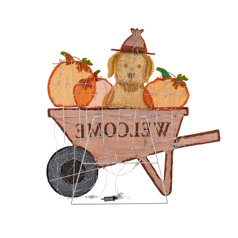 Glitzhome 3ft Lighted Fall Pumpkin Wheel Barrow with Labrador Outdoor Decor - 38.25"L x 0.5"W x 36.25"H