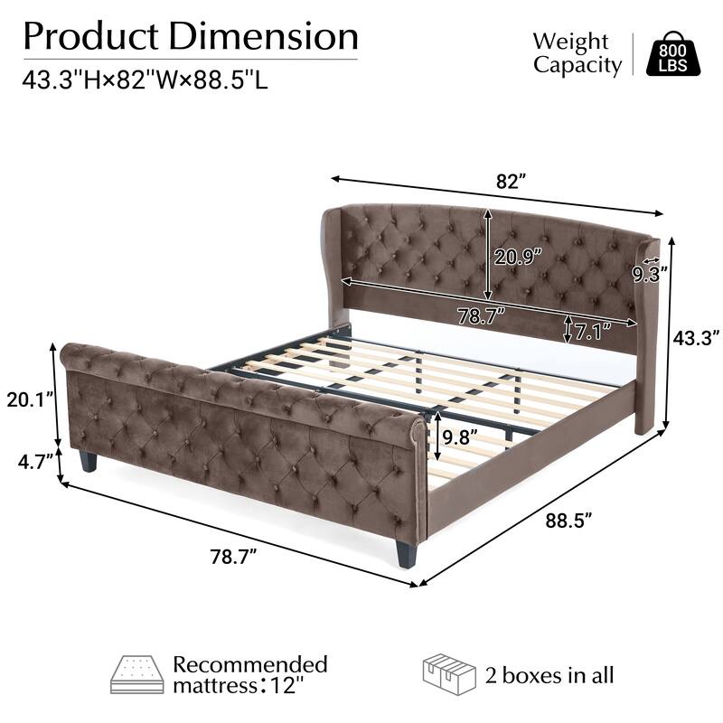 Christopher Knight Home - Amara Traditional Velvet Upholstered Sleigh Bed with Wingback Headboard & Scroll Footboard, King Size