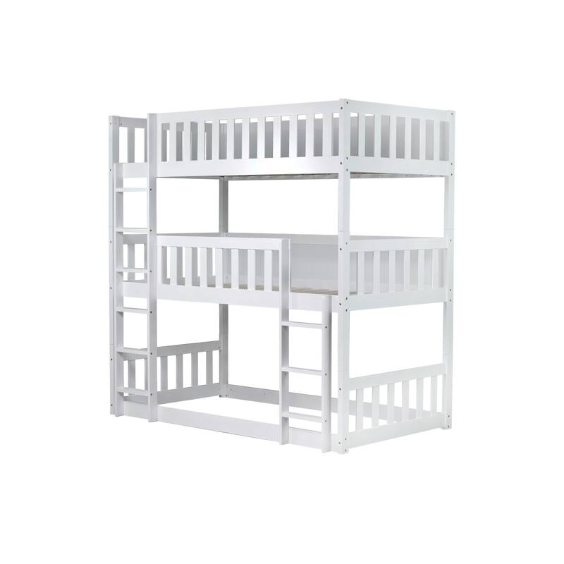 Triple Rubber Wood Bunk Bed, Twin over Twin over Twin, White with Ladders and Guardrails