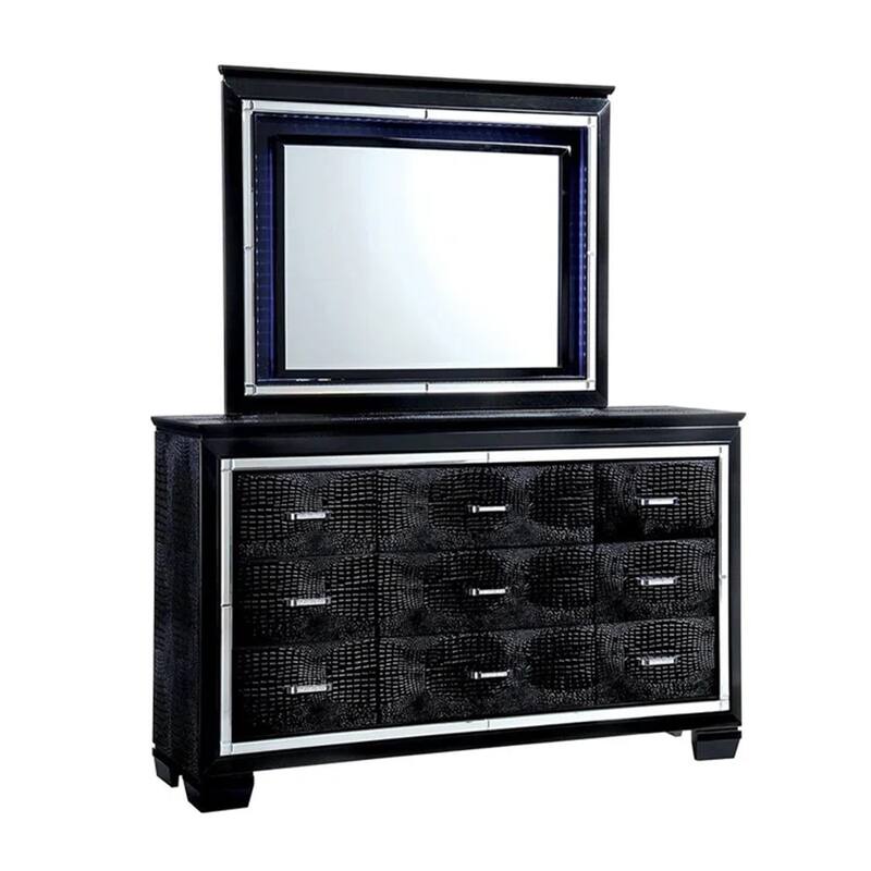 Kae 4 Pc California King Bedroom Set, LED and Mirror Trim, Textured, Black