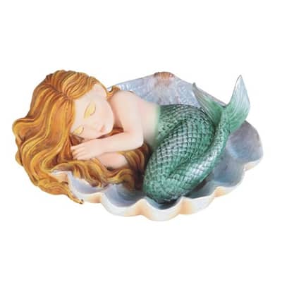 Q-Max 4.5"W Green Tailed Baby Mermaid Sleeping on Oyster Shell Mergirl Statue Fantasy Decoration Figurine