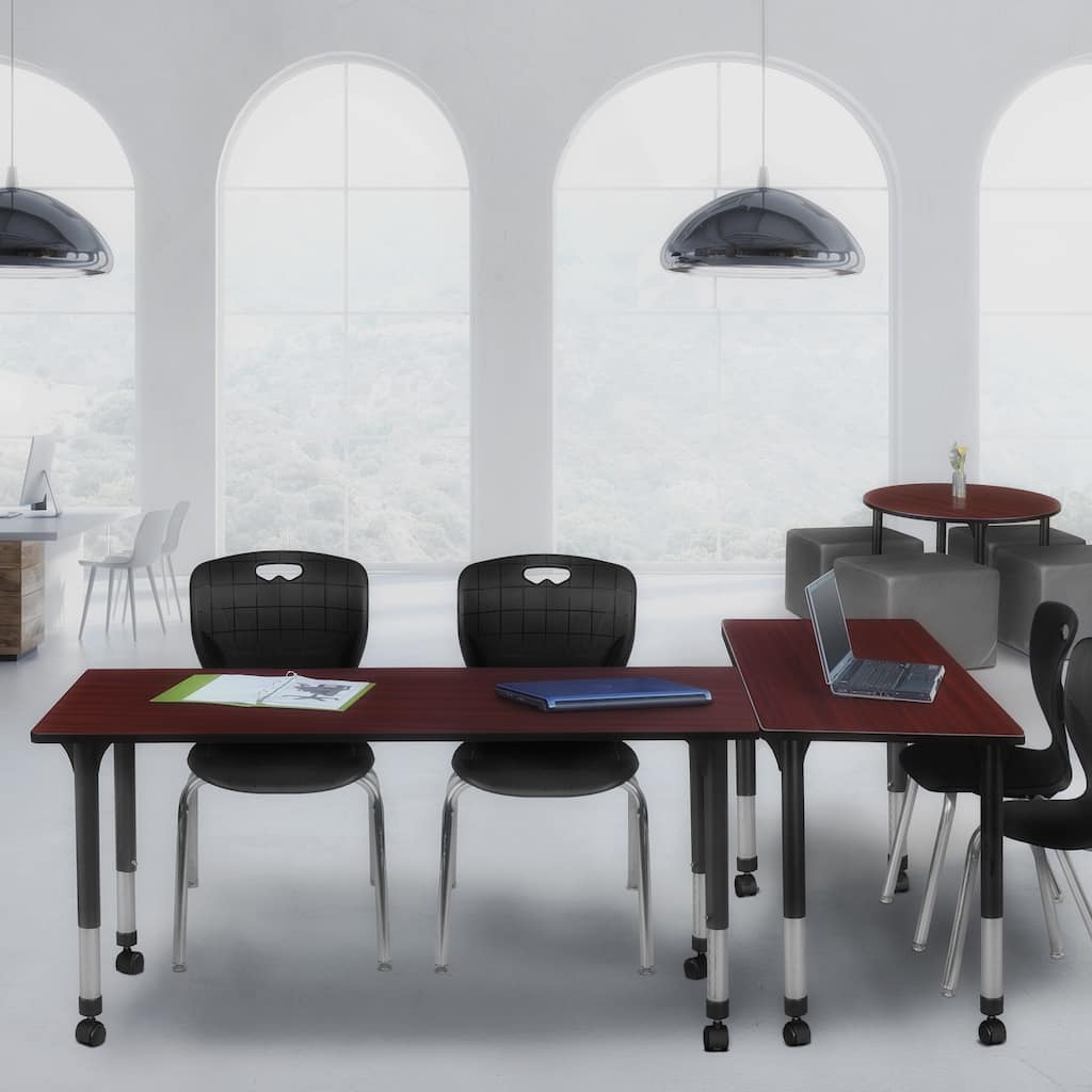 66 in. Height Adjustable Mobile Classroom Table - Mahogany & 2 18-in Stack Chairs- Black - 24