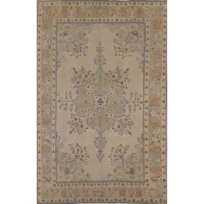 Vintage Geometric Distressed Tabriz Persian Rug Handmade Wool Carpet - 6'3" x 9'9"