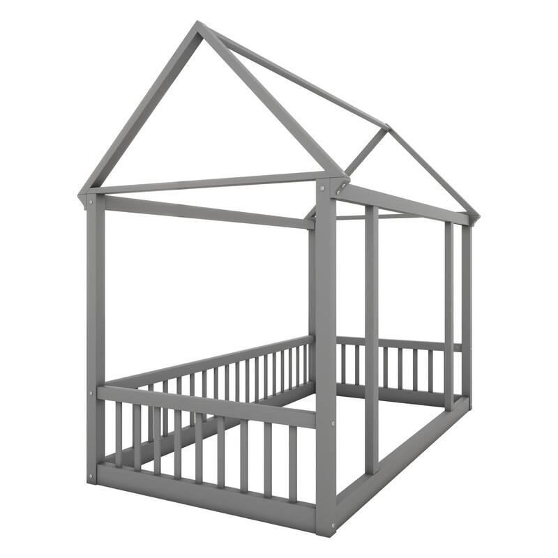 Wooden Floor Bed with House Roof Frame and Safety Guardrails,Twin/Full Size