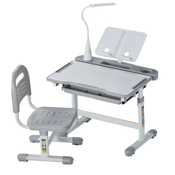 slide 2 of 10, Grey Height Adjustable Kids Chair and Desk Set with Lamp and Tilted Desktop - 27.56 x 20.08 x (20.87 - 27.95) in