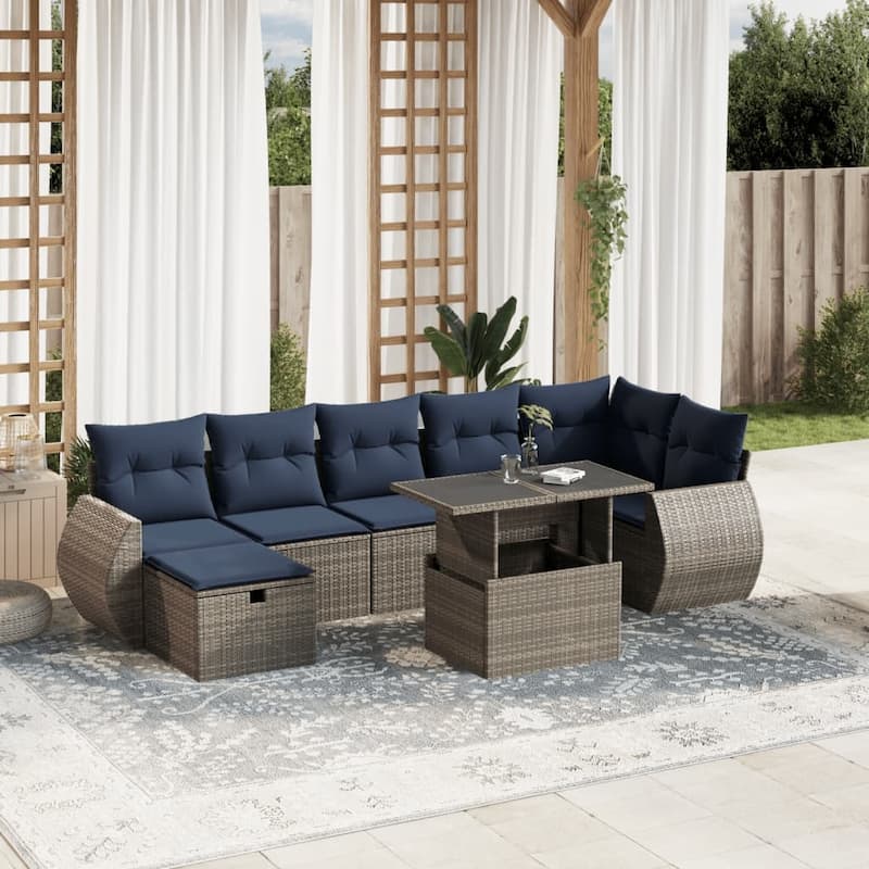 vidaXL Patio Sofa Set with Cushions Sectional Couches 8 Piece Poly Rattan - 24.4" x 24.4" x 27.2" - Gray