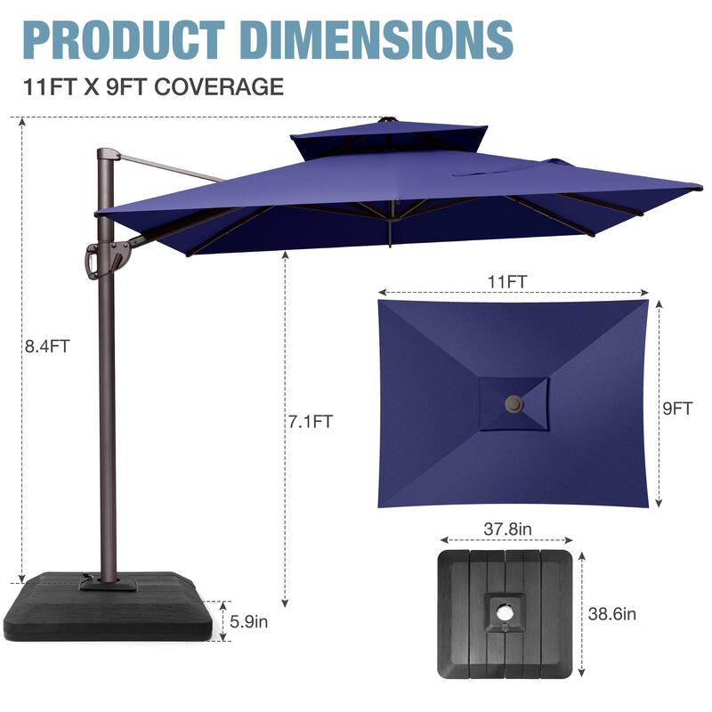VredHom 9x11 FT Rectangular Outdoor Patio Double Top Cantilever Umbrella with Weight Base