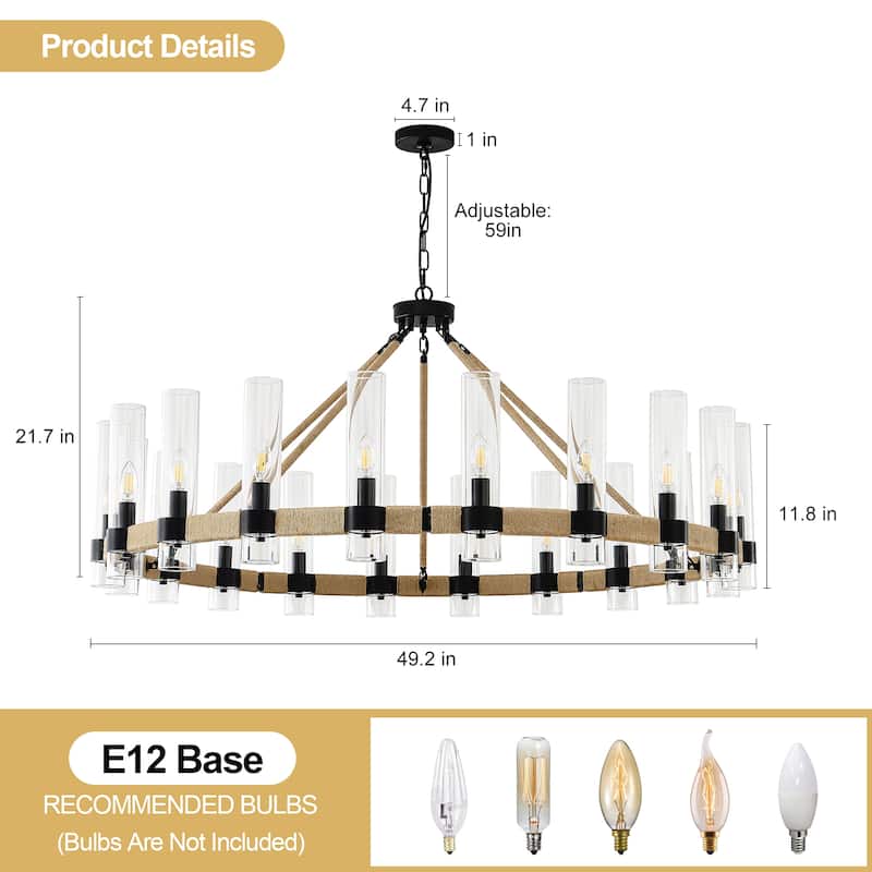Modern Rustic Wagon Wheel Chandelier with Clear Glass Shades & Hemp Rope Accents